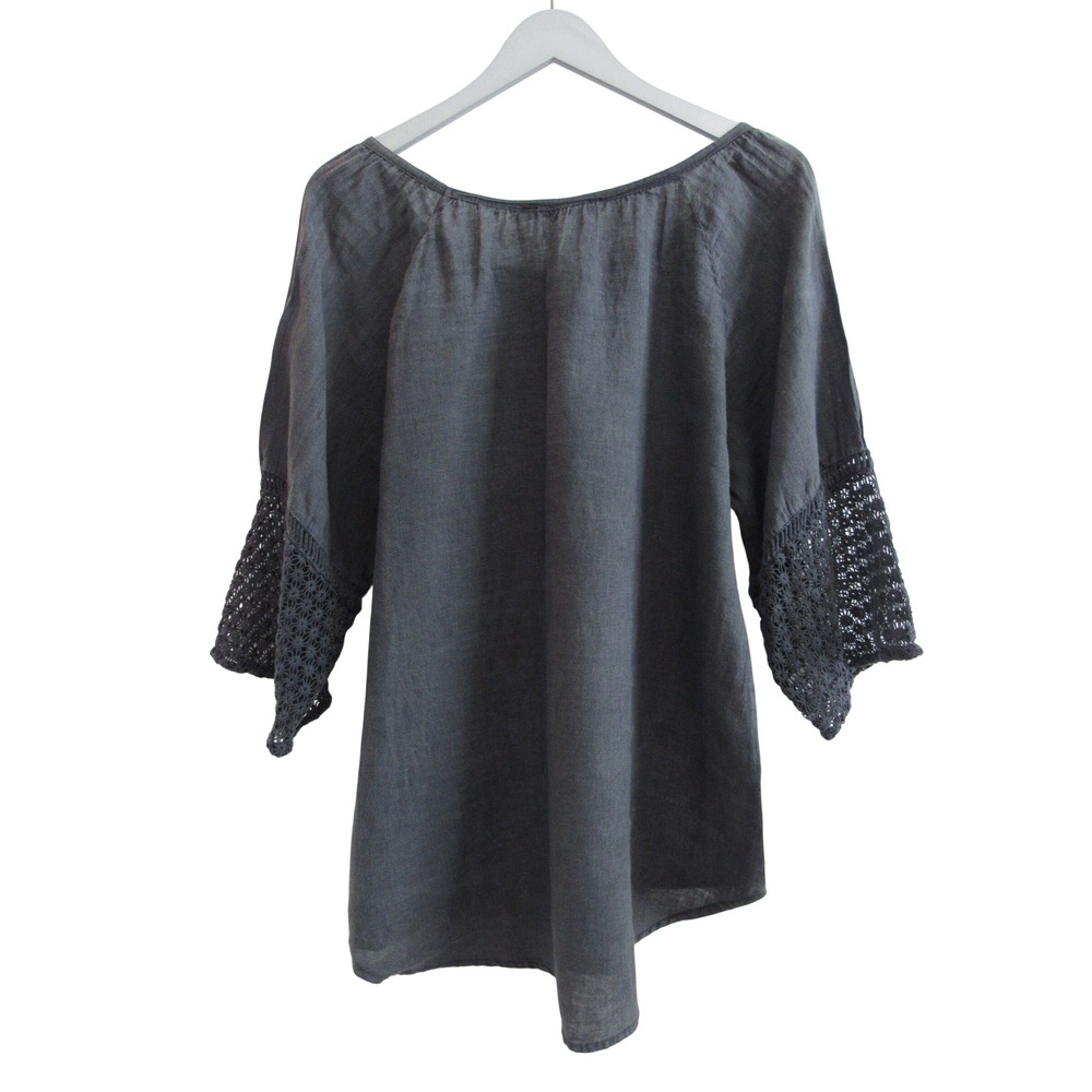 Soft Surroundings Charcoal Crochet-Sleeve Linen Top - Picture 5 of 7